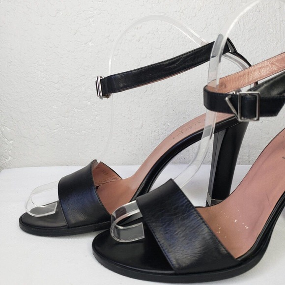 GUCCI Size 7.5 Black Leather Ankle Strap Heel Logo Plate Open Toe Sandals Shoes - Picture 6 of 13